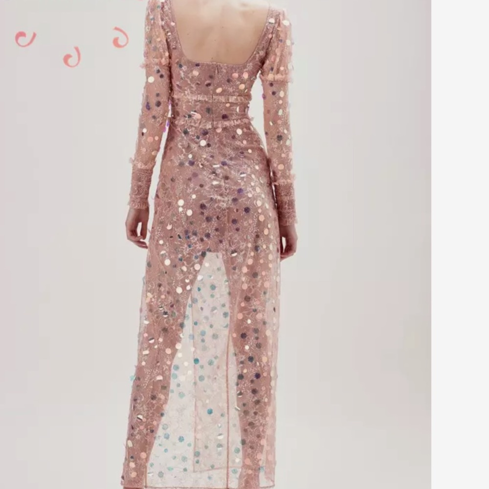 For Love & Lemons Ace Sequin Lace Nude Long Sleeve Slit Maxi Dress Gown - Picture 4 of 11